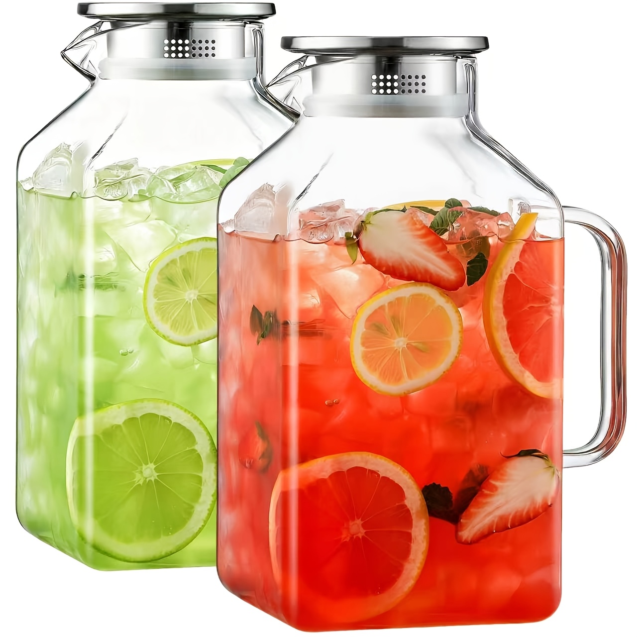 TEMU 2pcs Xxxl(1 Gallon)glass Pitcher With Lid And Spout, Large Borosilicate Glass Water Carafe With Handle, Leakproof & Heat Resistant Pitcher For