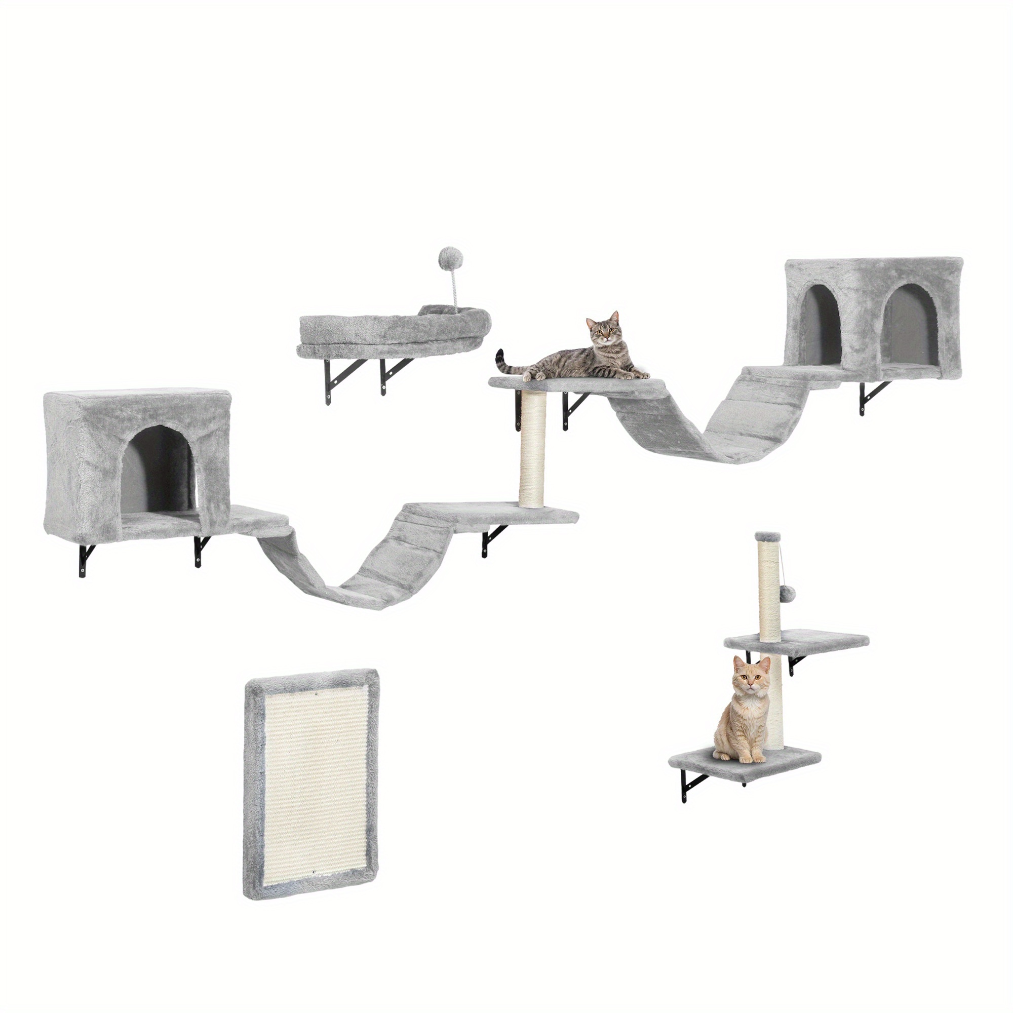 E-shop 8-teiliges Katzenkletterwand-Set | Plüsch-Griffstange, Rahmenleiter, Katzenhaus, Hängebrücke | Hellgraues multifunktionales Katzenpark von
