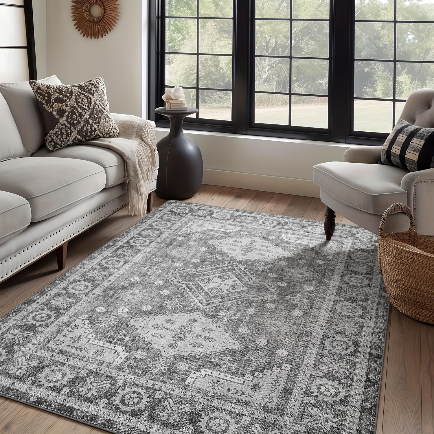 

Area Rugs For Bedroom Living Room Hallway Entryway, Machine Washable Floor Cover, Ultra-thin Print Boho Vintage Aesthetic Carpet, Low Pile Mat With Non Slip Rubber Backing