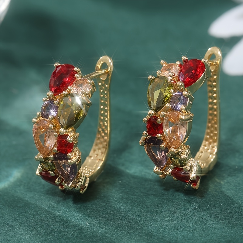 Image of Elegant Earrings Made Of Copper With Multi-colored Zirconia Inlays, Designed In A Teardrop Shape, Perfect For Women's Fashion On Birthdays, Holidays, And Parties