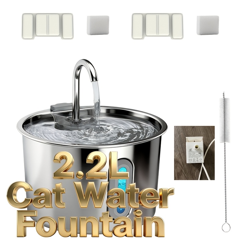 TEMU Cat Water Fountain 2.2l Stainless Steel Automatic Pet Water Dispenser With Filter Pump For