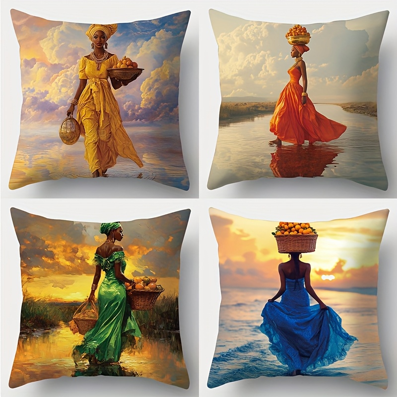 TEMU Four-piece Collection Featuring A Printed Pillowcase With An African-themed Character Design, A Long Skirt, And Landscape That The Unique And Of