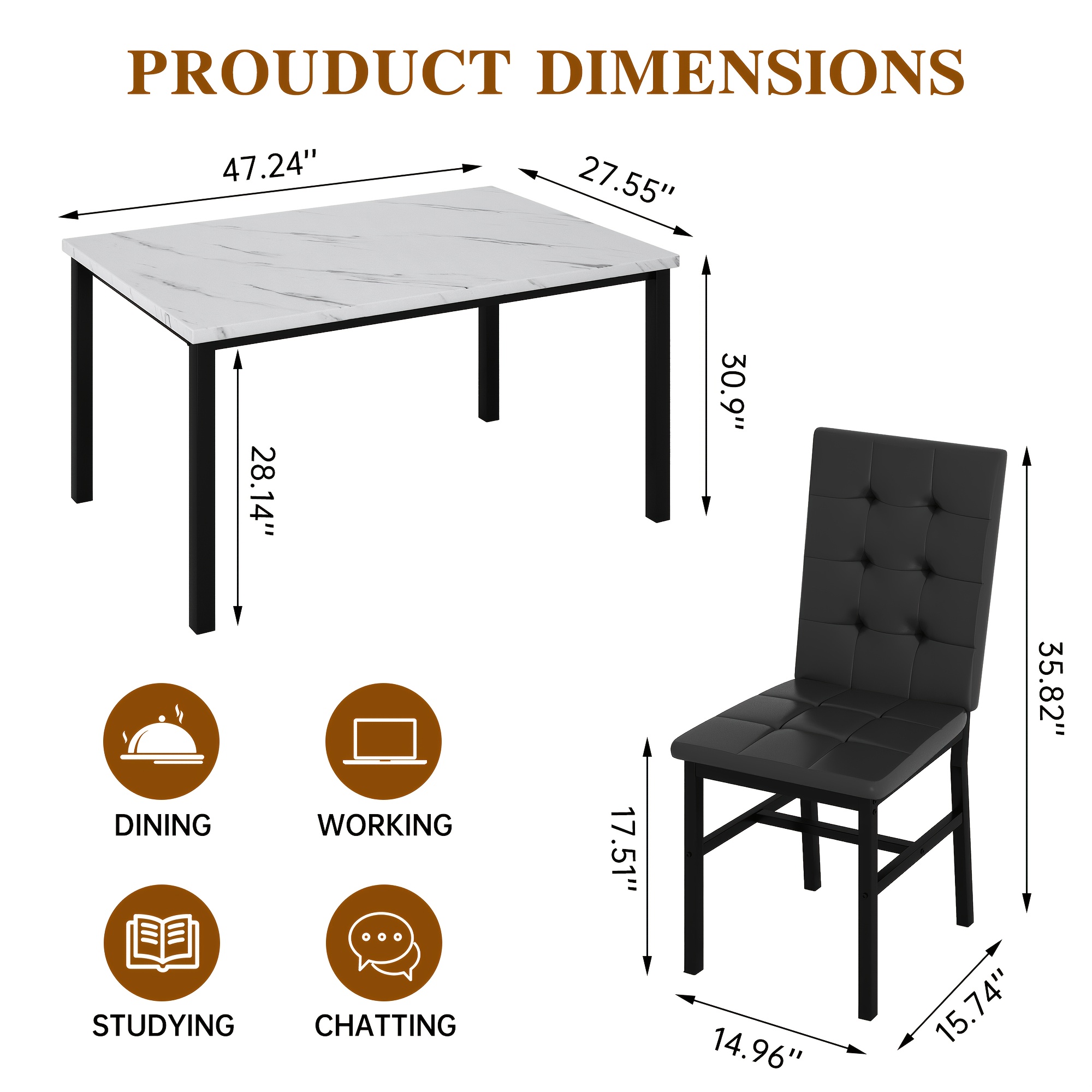 LAMERGE 5pcs Of Dining Table Set, Dining Room Table Set Can Be Used By 4 People, Kitchen Table Set, 1 Artificial Anti-marble Pattern Table And 4 Metal Legs Chairs, Suitable for Living Room, Dining Room, Kitchen Furniture
