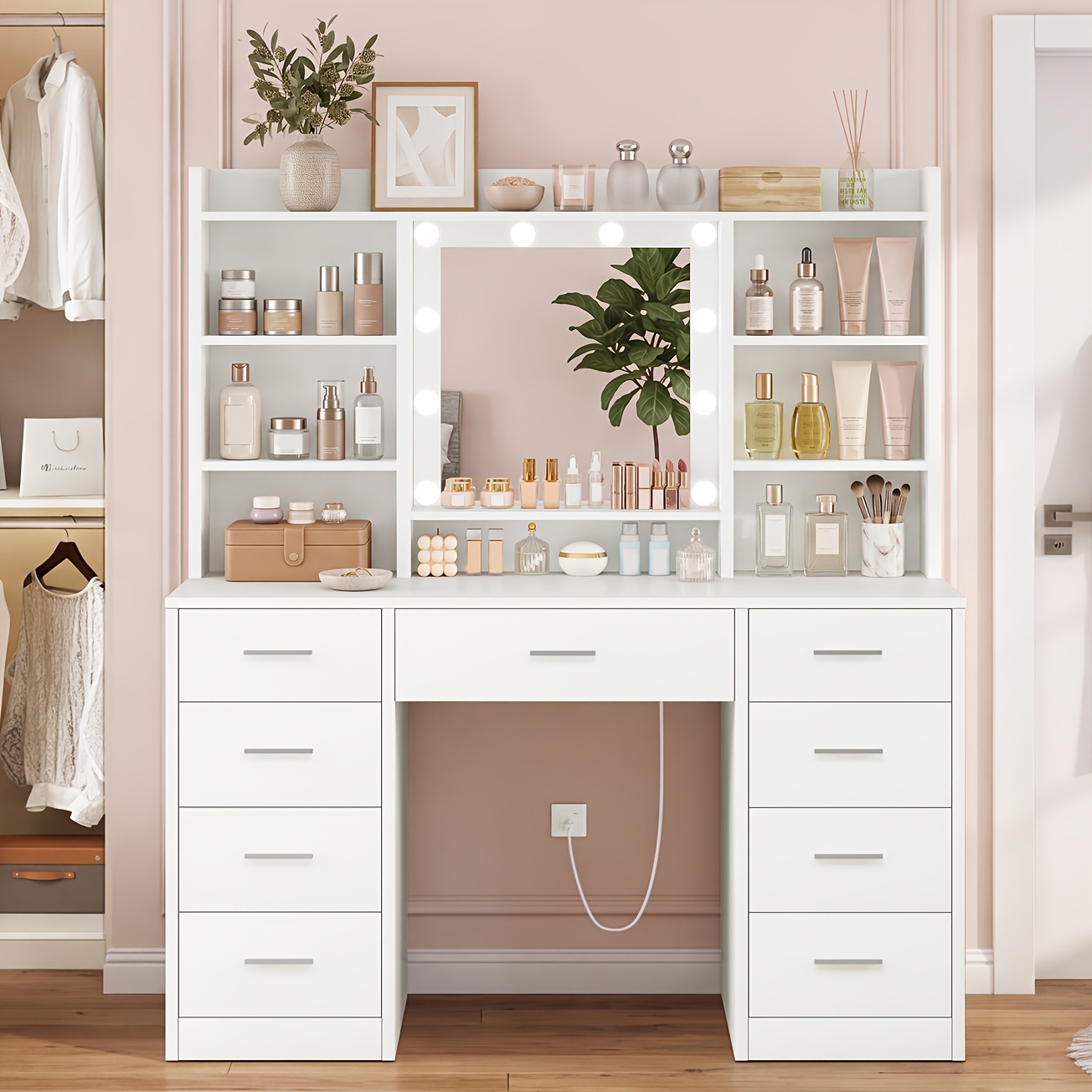 TEMU Modern Vanity Desk With Adjustable Brightness & 3-color Led Mirror - Makeup Table With 9 Drawers, 7 Shelves, Compact White Dressing Table For
