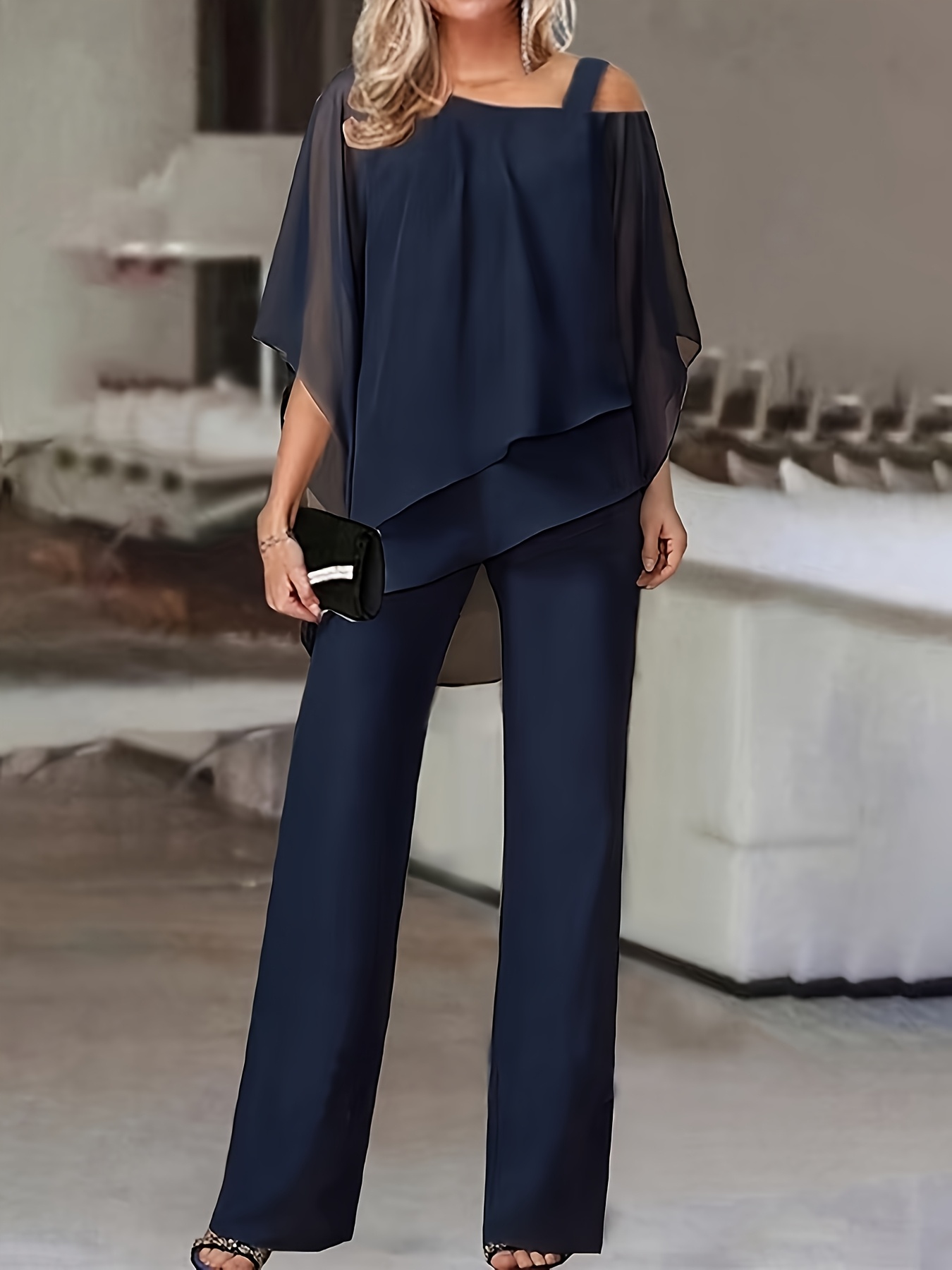solid color loose batwing sleeve off shoulder top and wide leg pants two piece set