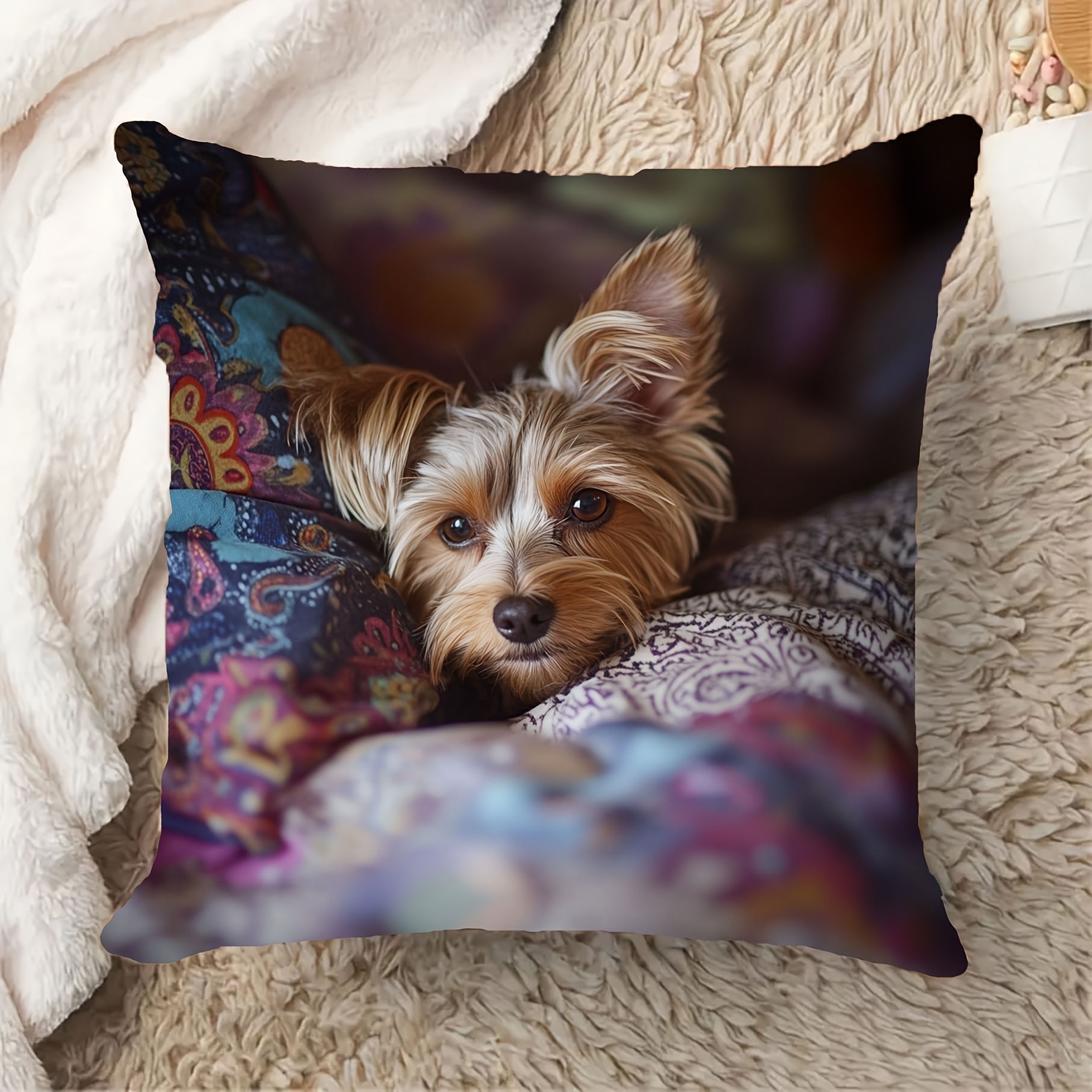 

1pc Bohemian Style Yorkie In Bed Decorative Pillow Cover, 18x18 Inch, Short Plush With Zipper Closure - Home, Office, Living Room, And Car Decor (pillow Insert Not Included), Pillows For Bed