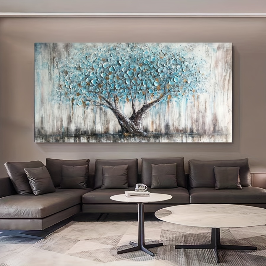 

Tree Of Life Abstract Canvas Art - Teal Blue, Frameless Modern Wall Decor For Living Room, Bedroom, Office - Large Panoramic Landscape Painting