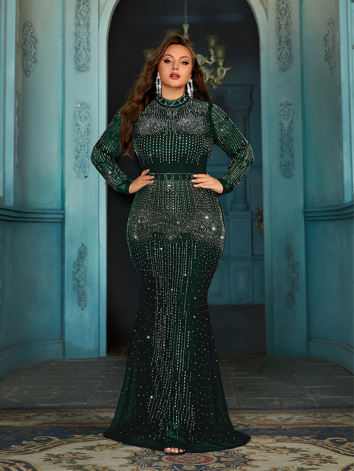 plus size formal gown rhinestones high end long sleeve dress - Temu