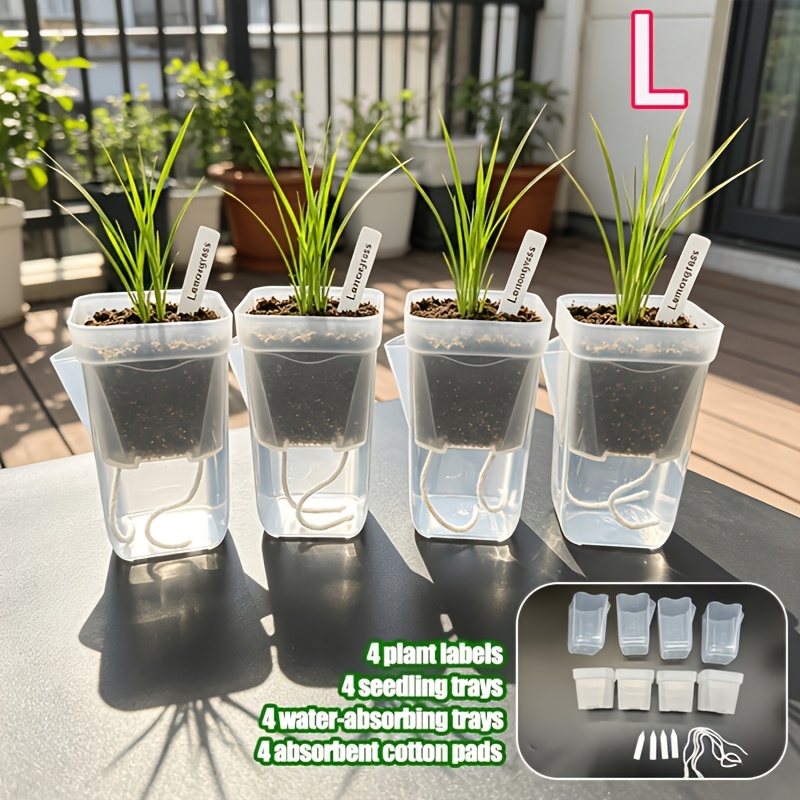 TEMU Kit de 4 jardinières auto-arrosantes - 4 pots transparents avec indicateur de niveau d'eau + 4 godets doseurs + 4 mèches + 4 étiquettes, bec de