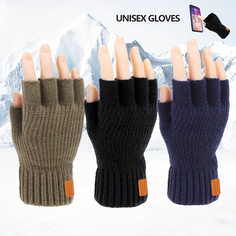 

Solid Color Warm Gloves Short Half Finger Stretch Knitted Gloves, Winter Coldproof Convenient Writing Texting Gloves