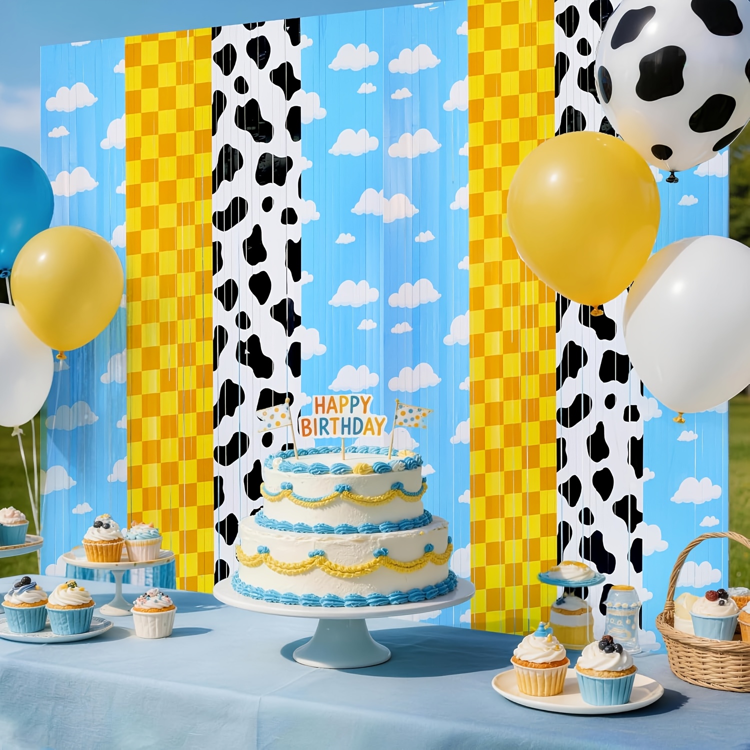 TEMU 2pcs Cartoon Themed Tinsel Foil Fringe Streamer Backdrop For Birthday Decor, White Cloud Cow Theme Cartoon Party Supplies, Photo Booth Props For