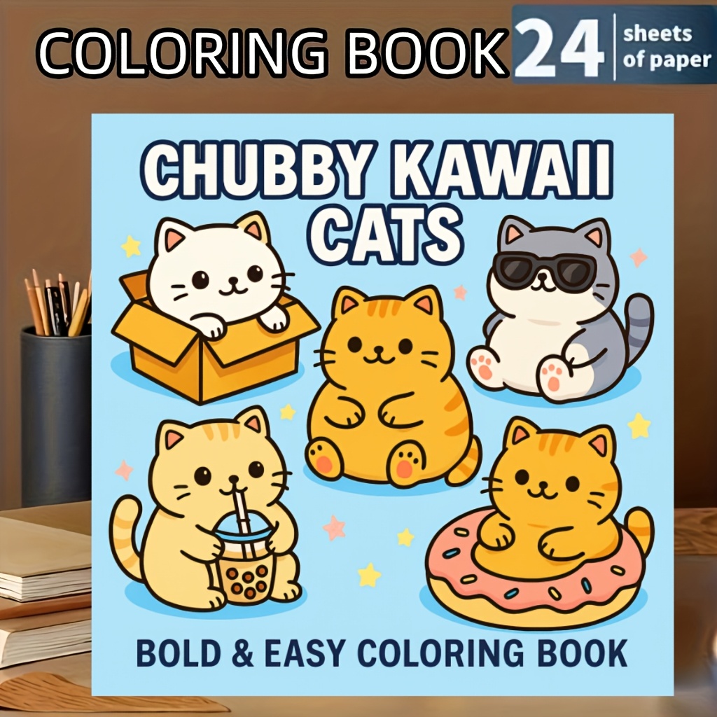 Image of Cute Cat And Easy Colored Book: Adorable Coloring Pages For Children And Teenagers, 24 Sheets Of Unique Coloring Pages, Valentine's Day, Easter, New Year Gift