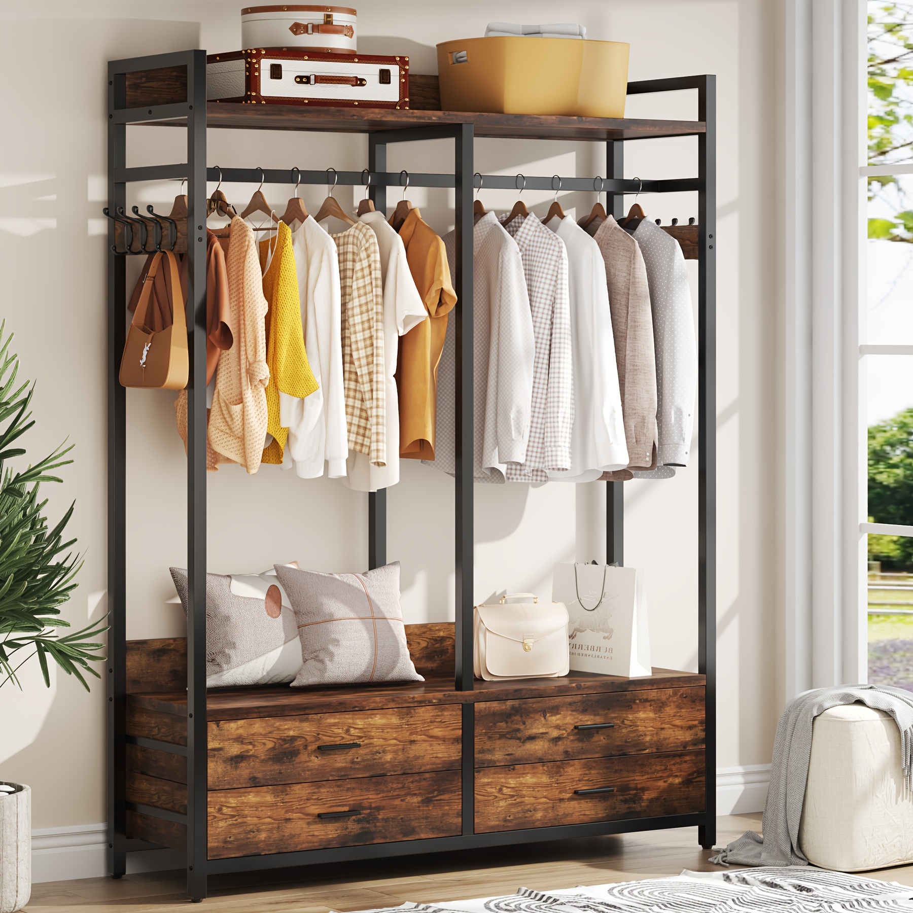 TEMU Freestanding Closet Organizer For Hanging Clothes, Heavy Duty Garment Rack With 4 Drawers, 8 Hooks And Storage Shelves, Wardrobe Closet Clothing