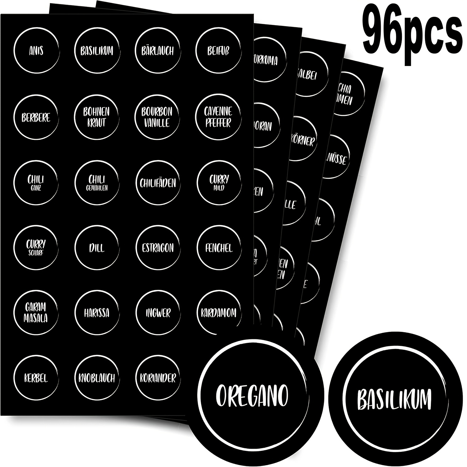 E-shop Eine Packung mit 96 deutschen Gewürz-Etiketten, schwarz-weiße, selbstklebende Gewürz-Etiketten, einfaches Design, runde Aufbewahrungs-Etiketten,