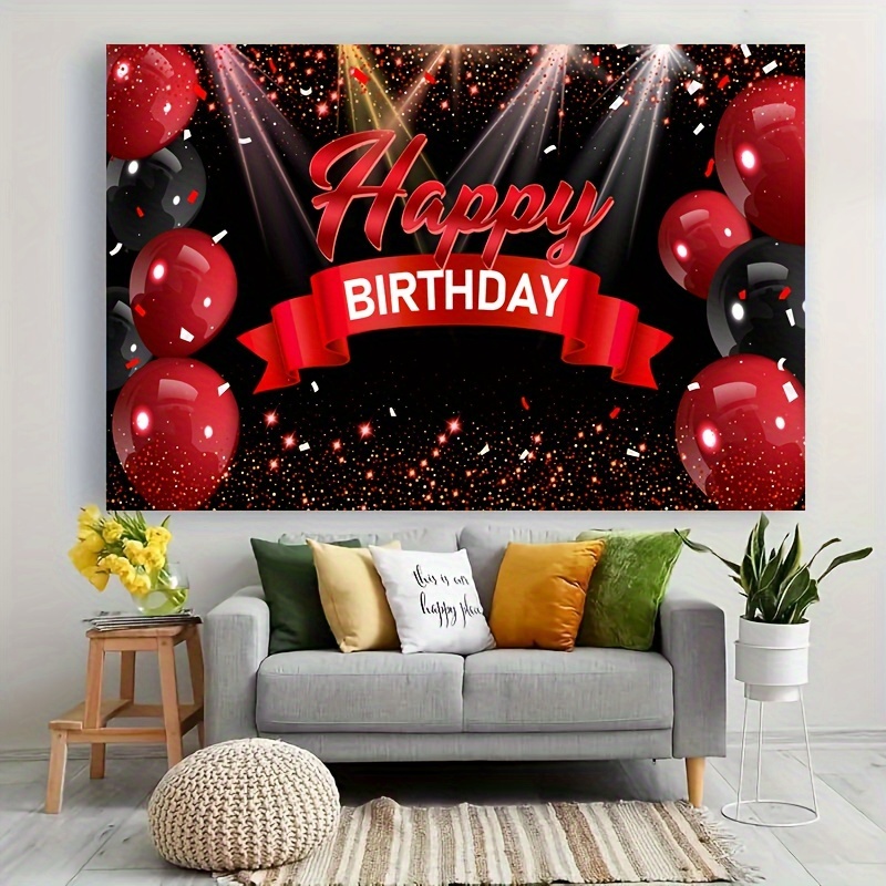 Happy Birthday Party Banner - Red & Black Balloon Theme, Polyester Wall 