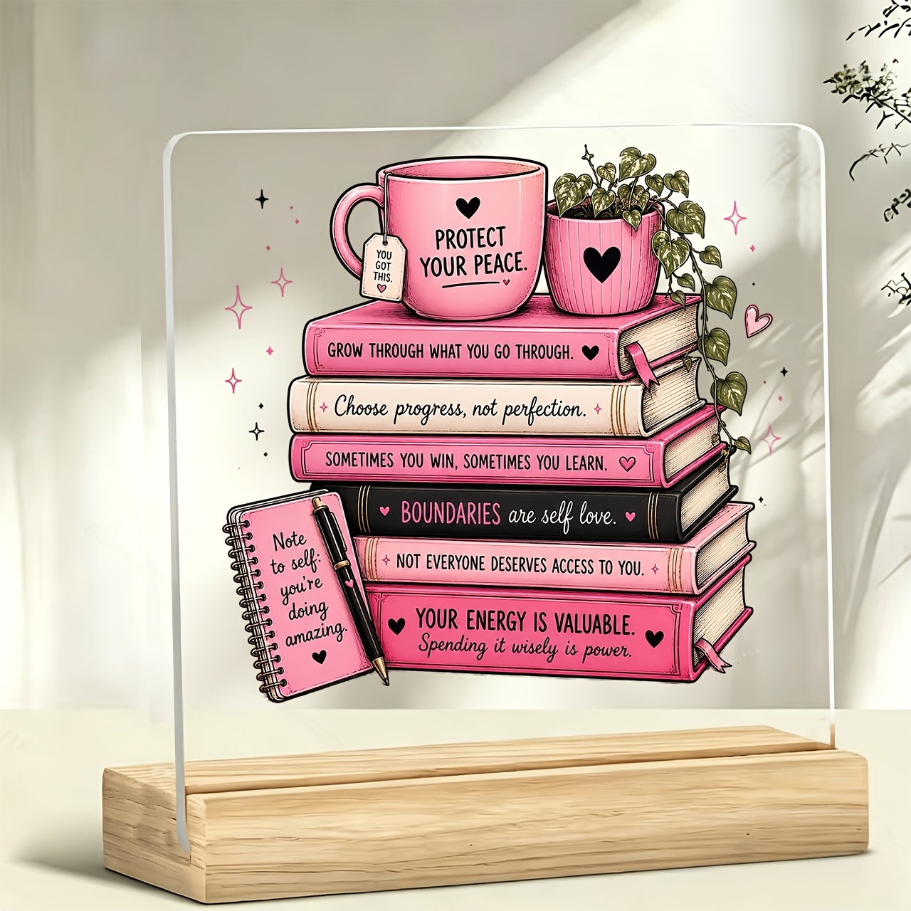 TEMU 1pc Pink Inspirational Book With Heart Element Standing Ornament Paperweight, Motivational Slogan, Warm Slogan, Acrylic Ornament, Home Decor,