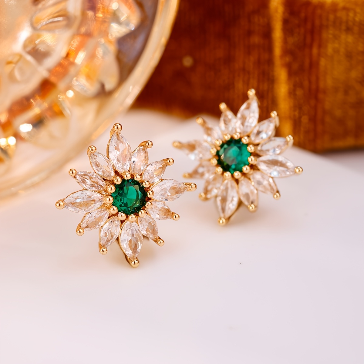 Copper Sunflower Stud Earrings with Synthetic Zirconia