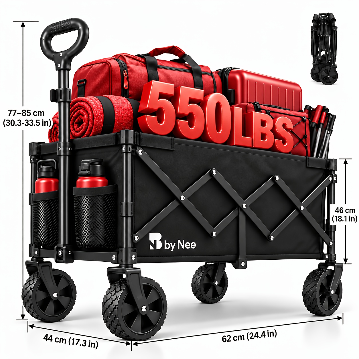 TEMU Chariot utilitaire pliable avec roues tout-terrain, capacité robuste de 550/800 LBS, poignée réglable, grand chariot d'extérieur pliable pour
