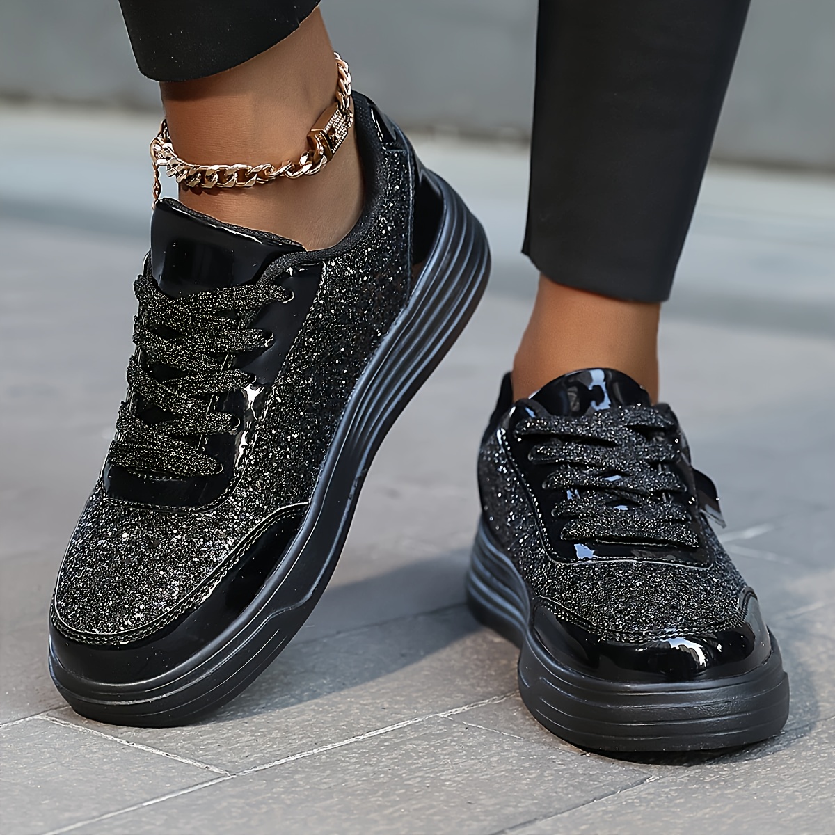 

Sparkling Glitter Sneakers For Women - Low Top, Lace-up, Casual Fashion Athletic Shoes With Eva Upper, Fabric Insole, Md - , Non-washable