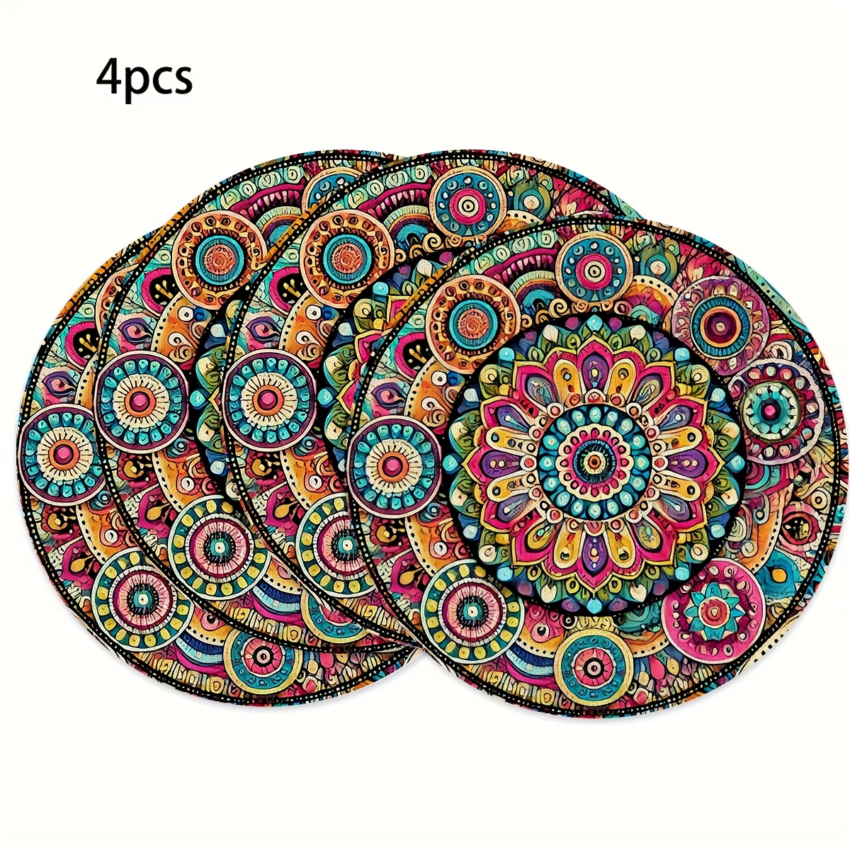 Image of [2d Flat Printing] 4pcs Vintage Bohemian Style Artistic Colored Placemats, Fabric With Abstract Patterns - Vibrant Multicolor Circular, Suitable For Festive Evenings, Daily Kitchen
