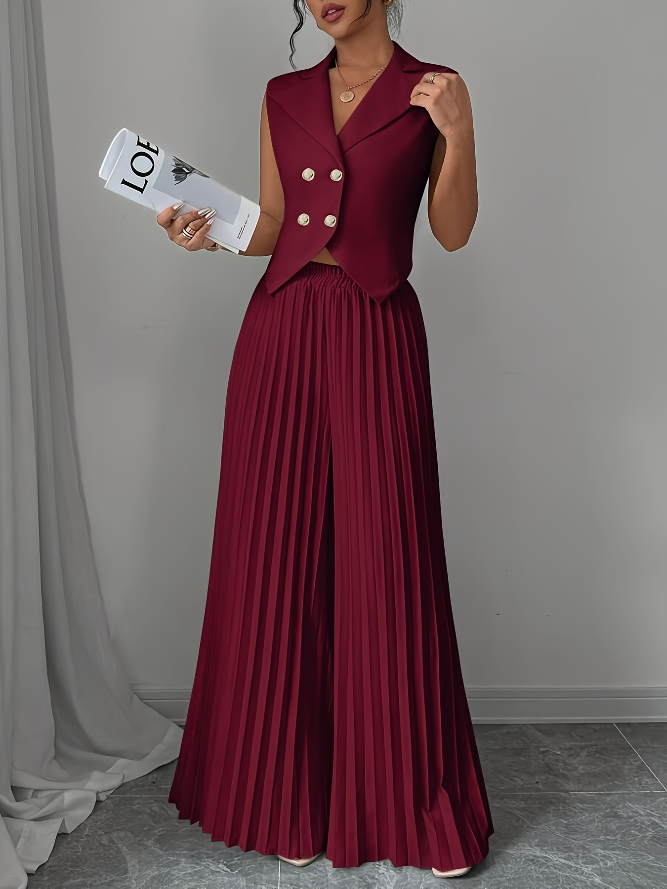 Women's Solid Color Suit with Sleeveless Vest, Double-breasted Pleated Pants with Elastic Waistband, High-end and Elegant Style