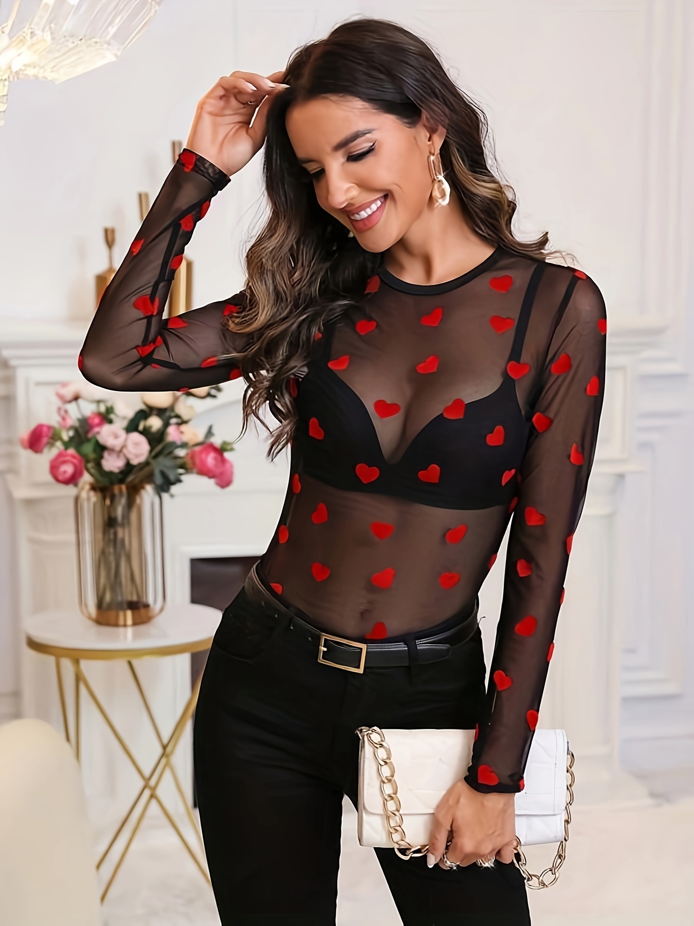 Floral Print Contrast Mesh Bodysuit Sexy Puff Sleeve Lace - Temu