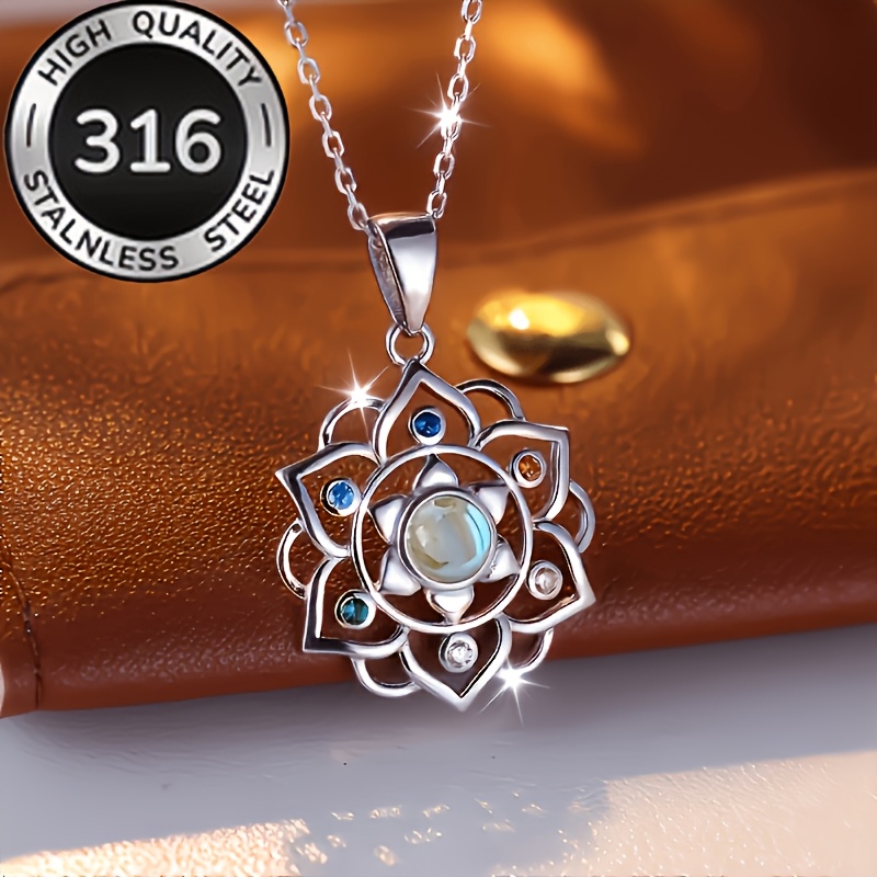 Image of Unique Steel Lotus Pendant Necklace, Women's Dating Gift Mother's Day Gift