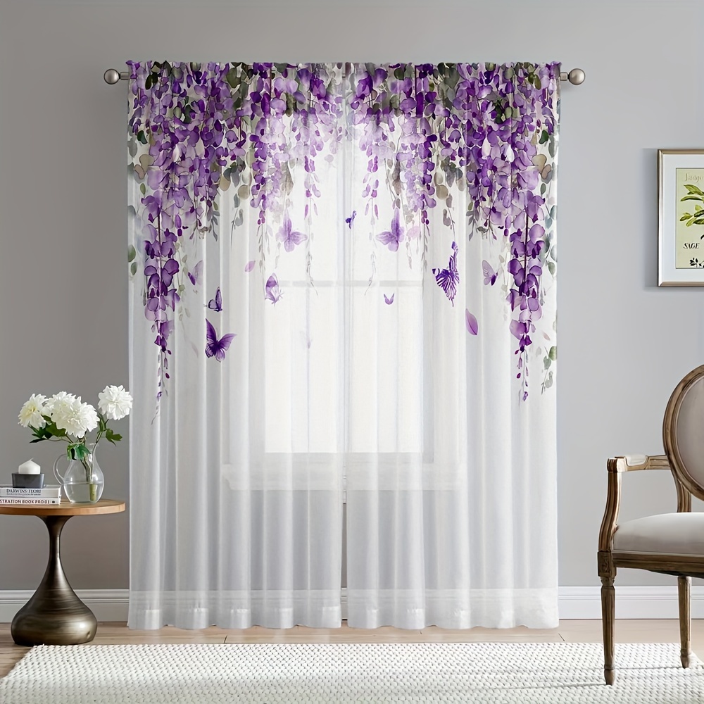 

2pcs Elegant Wisteria Floral Print Sheer Curtains - Hd , Soft Polyester Microfiber, Easy-to-hang Rod For Living Room & Bedroom Decor, Machine Washable