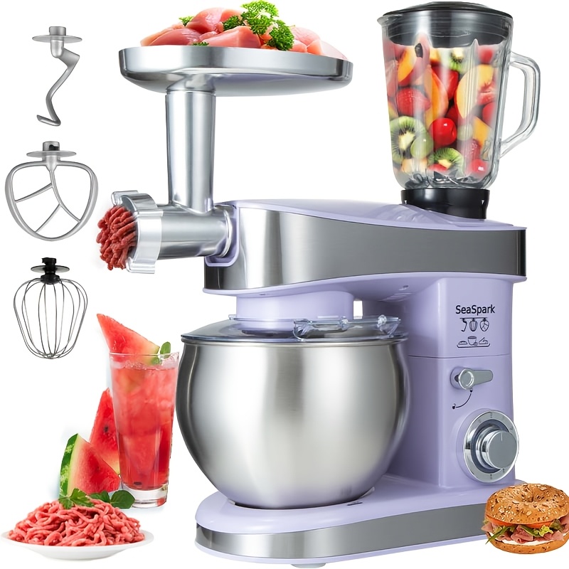 Image of Household Vertical 6-in-1 Mixer, 6-speed 6.3qt Kitchen Food , Equipped With Mixer, Dough Hook, Egg Beater, Spatula, Meat Grinder And Juicer Accessories, Purple