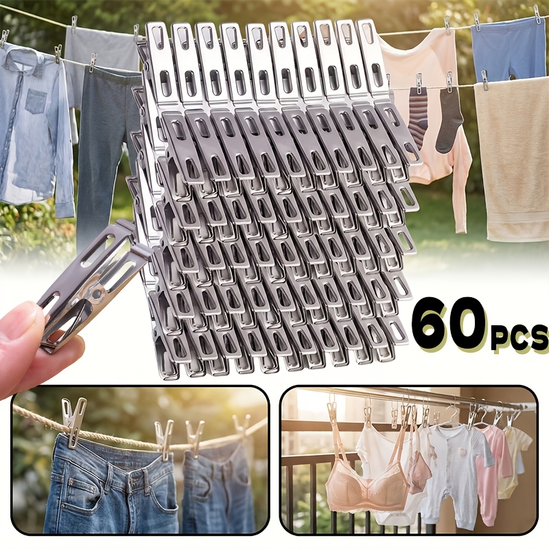 TEMU 60pcs Stainless Steel Clothes Hangers - With Large Spring Force, Can Prevent Socks And Towels From Being . Suitable For Outdoor , Are Ideal For