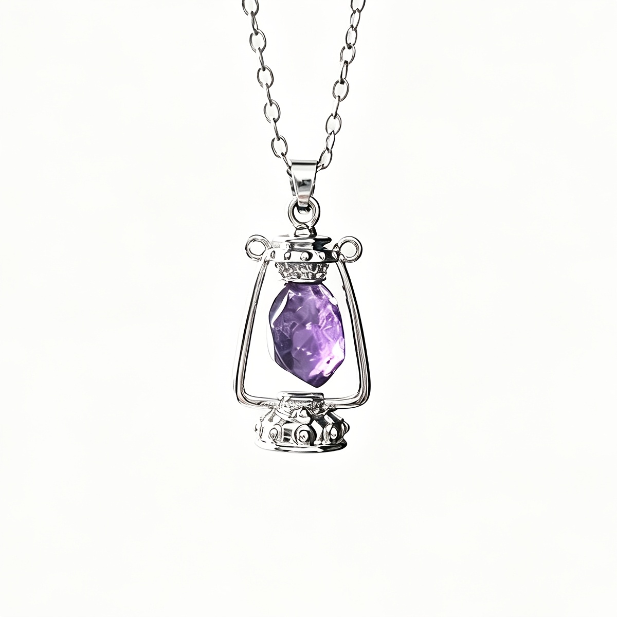 TEMU 1pc Collier Pendentif Lantern Crystal Améthyste Naturelle Design Lantern Rétro Halloween Sorcière Lantern à Main Ambiance Décoratif Collier pour
