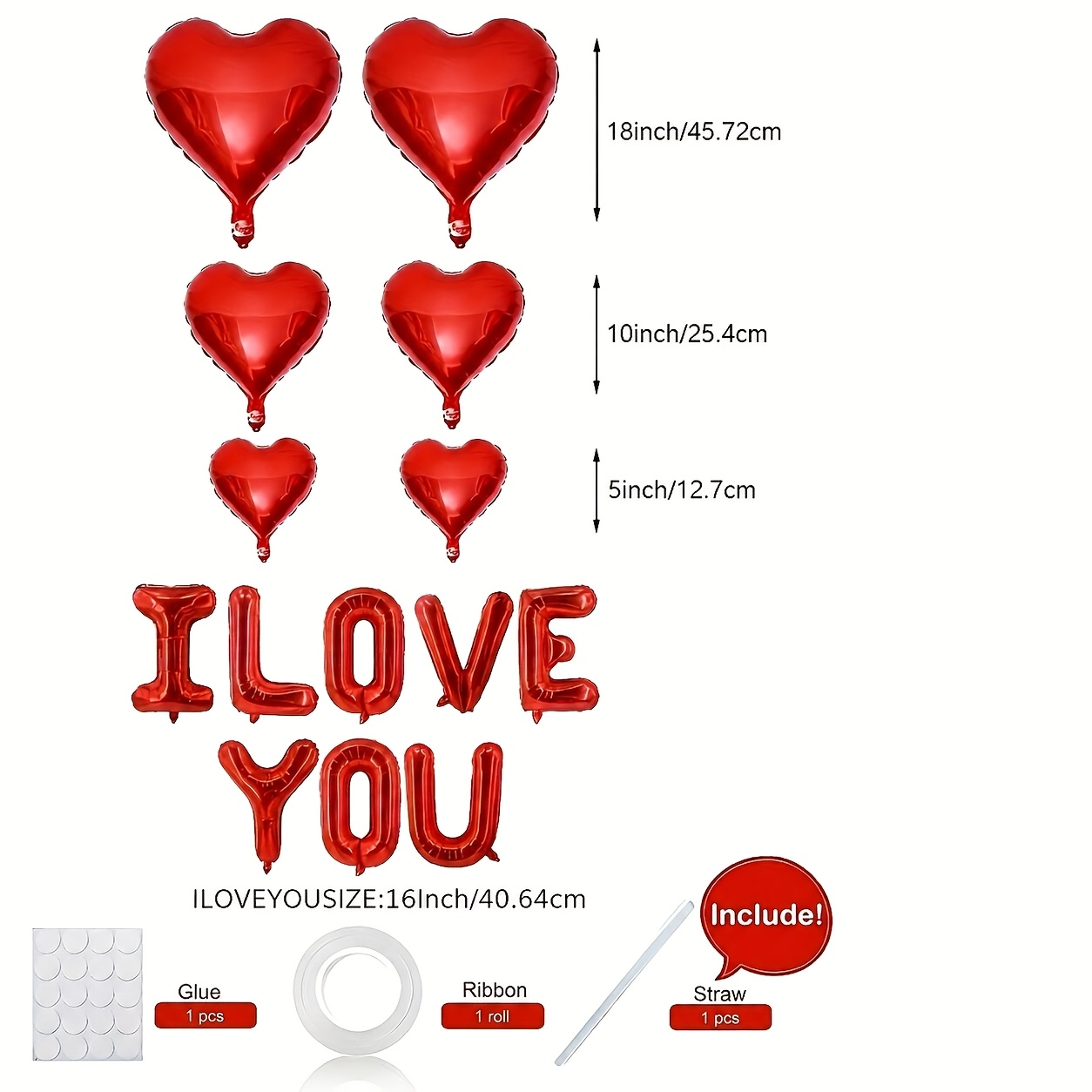 Image of I Love You Red Foil Balloon Set, 16in Letter Balloons With 18in, 10in And 5in Heart Balloons, Includes Ribbon, And Inflating Straw, Valentine's Day Proposal, Anniversary, Wedding Party Decoration