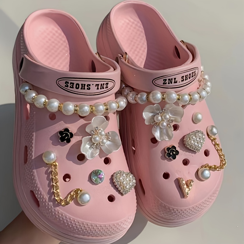 

Elegant Plastic Shoe Charms With Pearl Chains And Floral Accents For Crocs - Plant Pattern Shoe Decorations With Flowers And Pearls (set Of Multiple Charms)