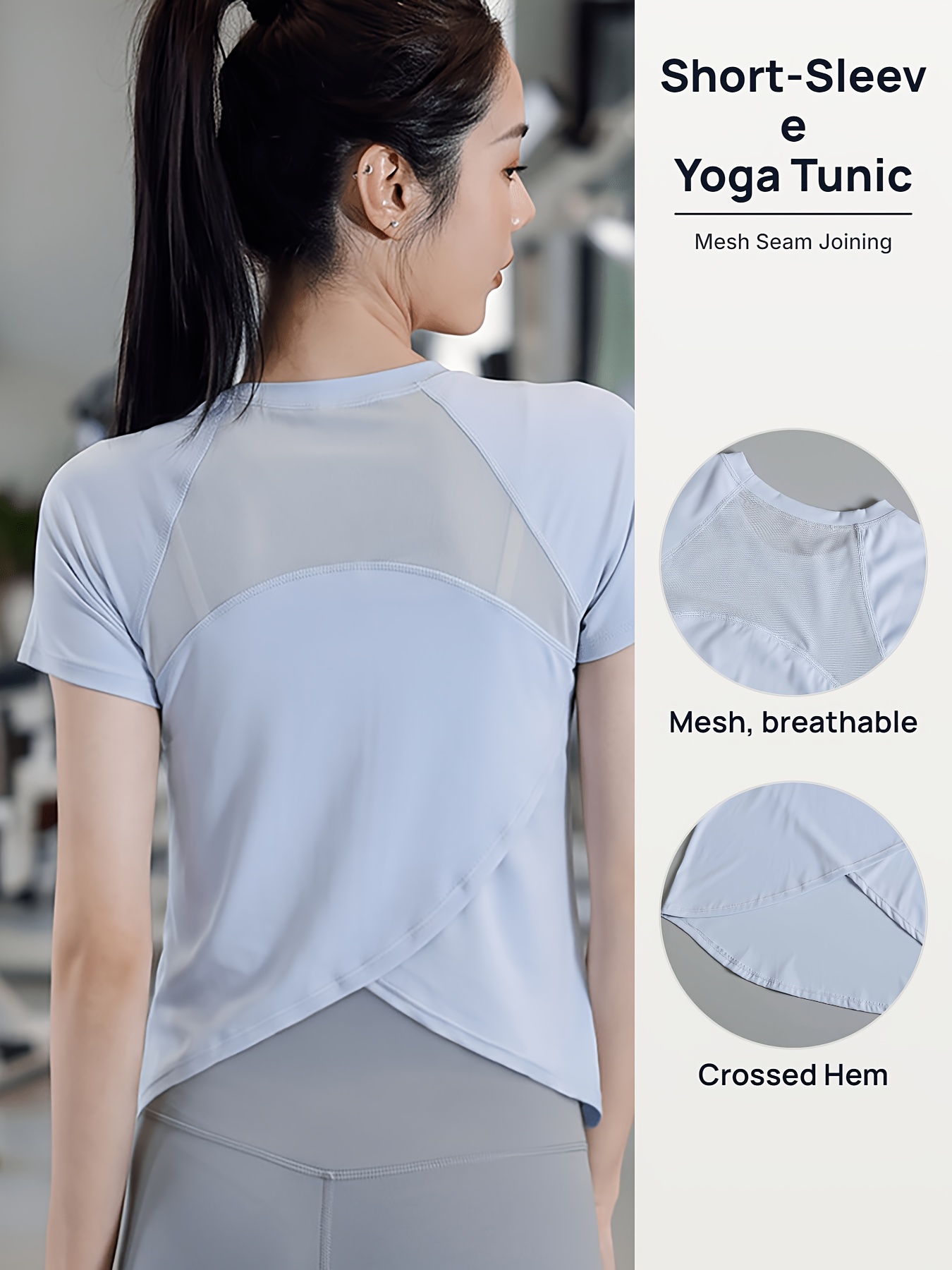 Mesh Panel Cross-Slit Yoga Cover-Up, Women'S Loose Breathable Quick-Dry Fitness Short Sleeve, Lightweight High-Elastic R
