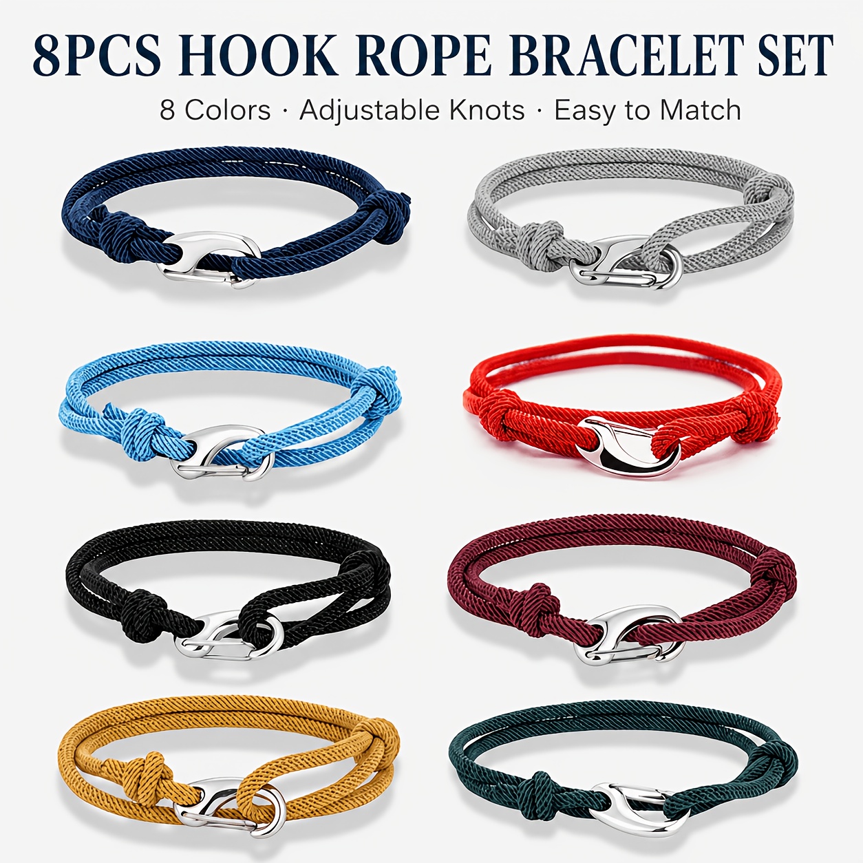 TEMU 8pcs Braided Rope Bracelet Set, Unisex, Double-layer Adjustable Braided Knot Wristband, Casual Nautical Style Bracelet
