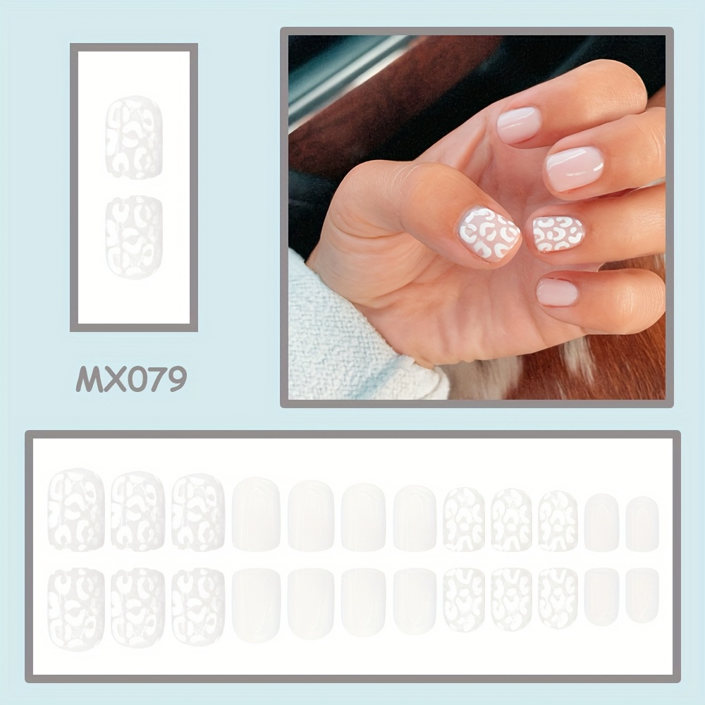 Image of 24pcs Autumn Winter Short Square Press-on Nails, Featuring White Leopard Creamy Base, Elegant Minimalist Style, Suitable For Women's Fall Winter Wear And Matching