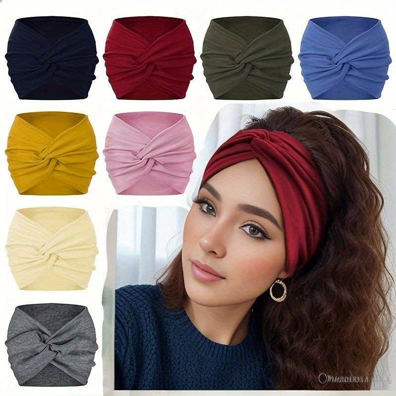 

8pcs Trendy Wide Brimmed Non Slip Head Band Elastic Sweat Absorbent Hair Hoop Suitable For Yoga Gym Sport