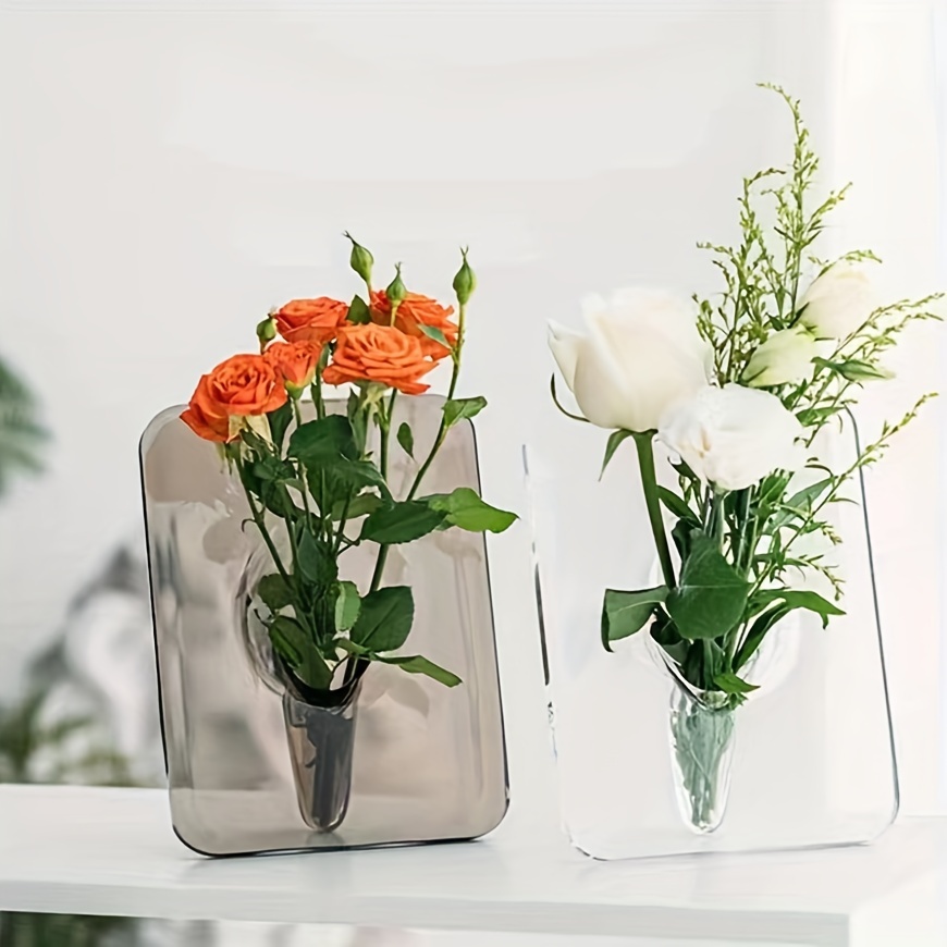 art deco style acrylic resin bud vase geometric transparent oblong flower vase creative picture frame design decorative home office desktop accessory small gift 1 piece flowers not included