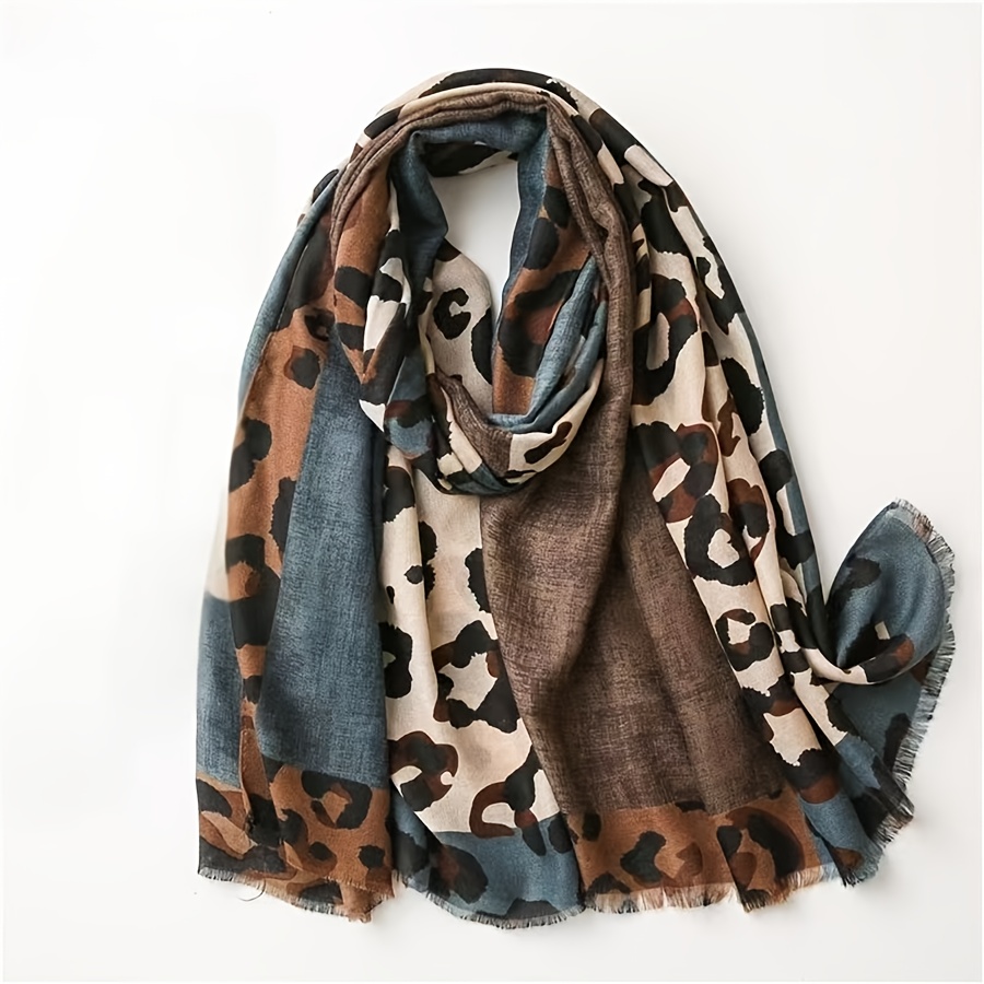 TEMU New Women's Plus Size Long Scarf, Color-block Leopard Print, Soft And Versatile Casual Scarf, Fashionable Skin-friendly Scarf, Warm Large Shawl