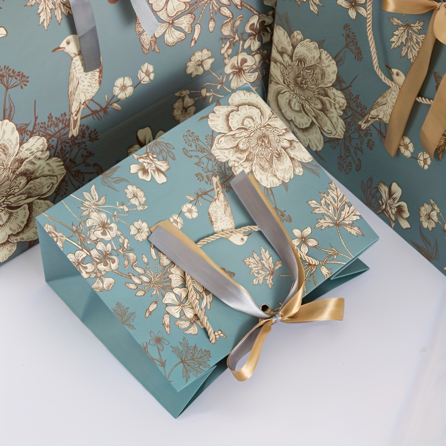 

1pc Elegant Floral Paper Gift Bag With - Teal Background With Brown, White & Gray Flowers - Birthdays, Weddings, Mother’s Day & , Gift Packaging | Bag | Drawstring Closure