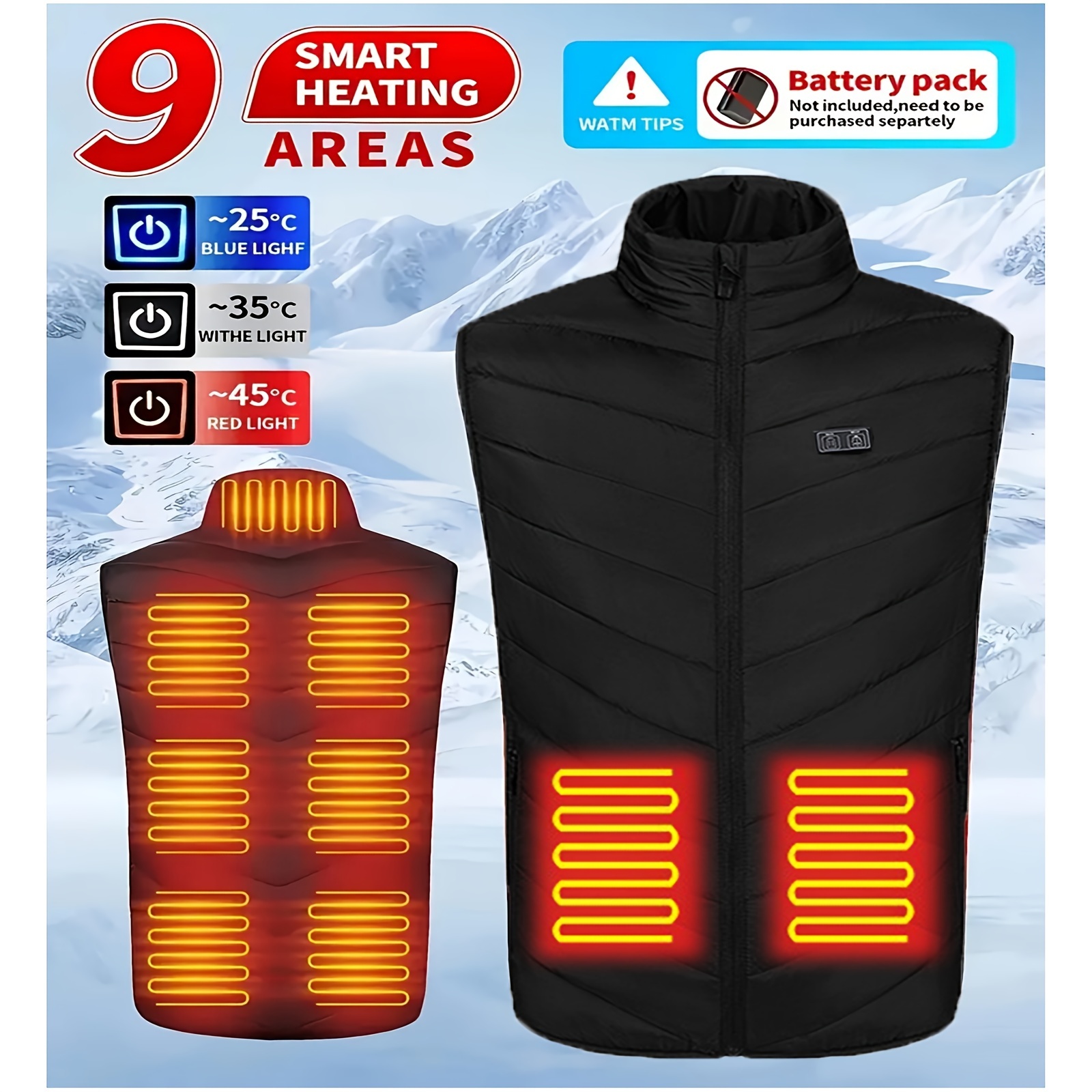 

Men' Vest -9 , Carbon Fiber, Polyester, Opaque, Solid Colorstand-up Collar, Zipper , Suitable For Autumn And Winter Outdoor Activities (power Bank Not Included)