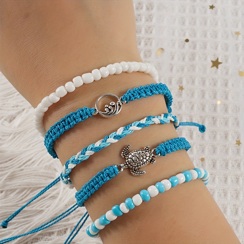 

5 Pieces/ Set Blue Braided Bracelets With Turtle Waves Charms Holiday Bracelets