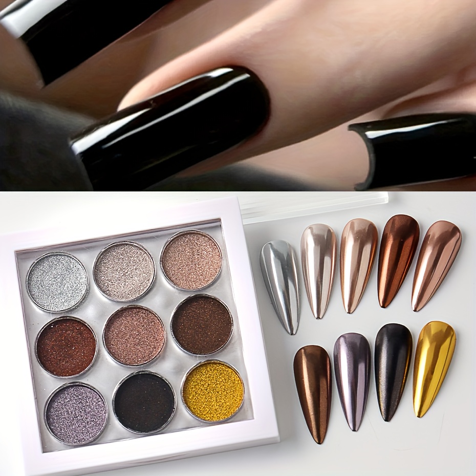 9 Solid Color Chrome Nail Powders with Sponge Applicators