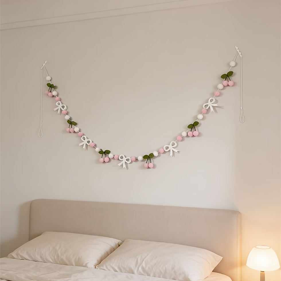 Cherry Bow Garland Banner, Cute Pink Red Fruit Bead Decoration
