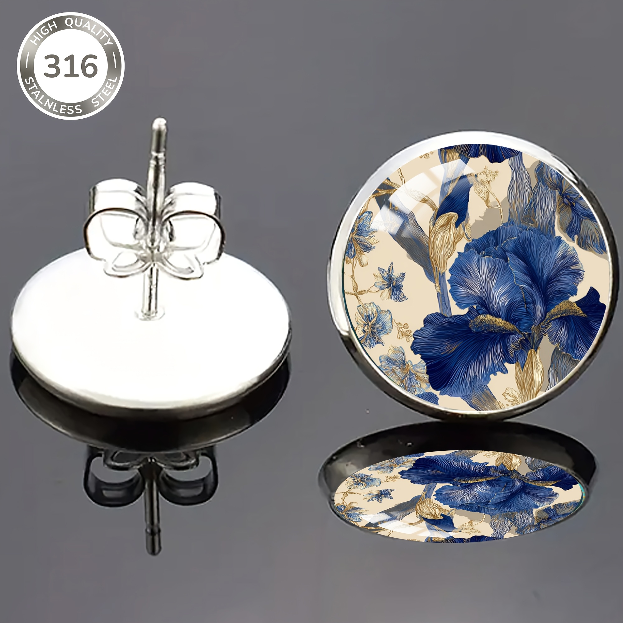 Men's Blue & Golden Iris Pattern Stainless Steel Earrings