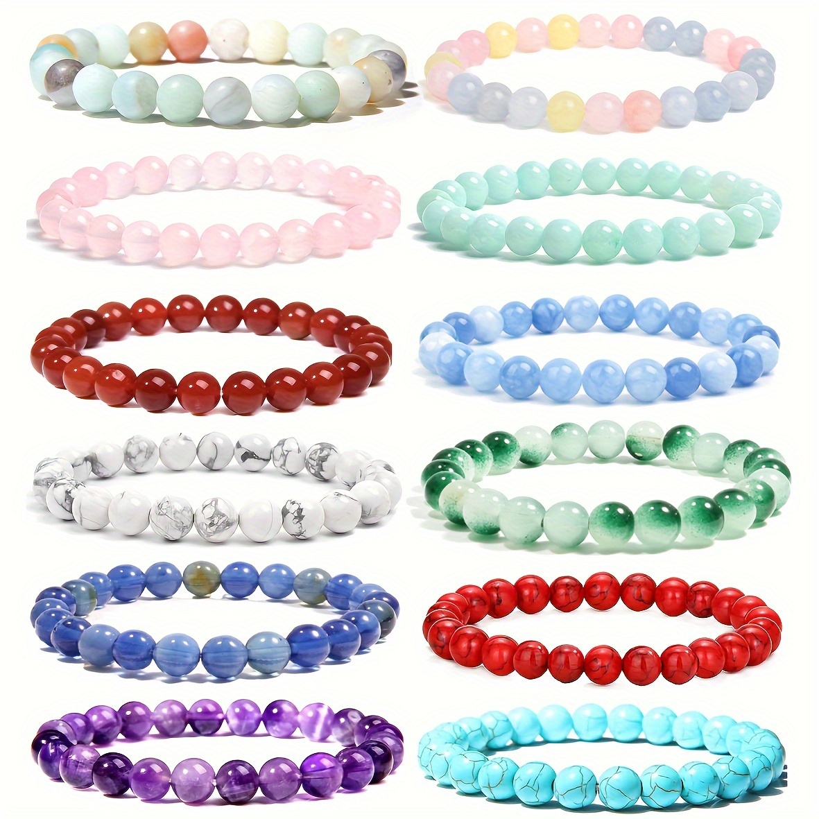 Women's 12 Natural Stone Beaded Stretch Bracelet Set