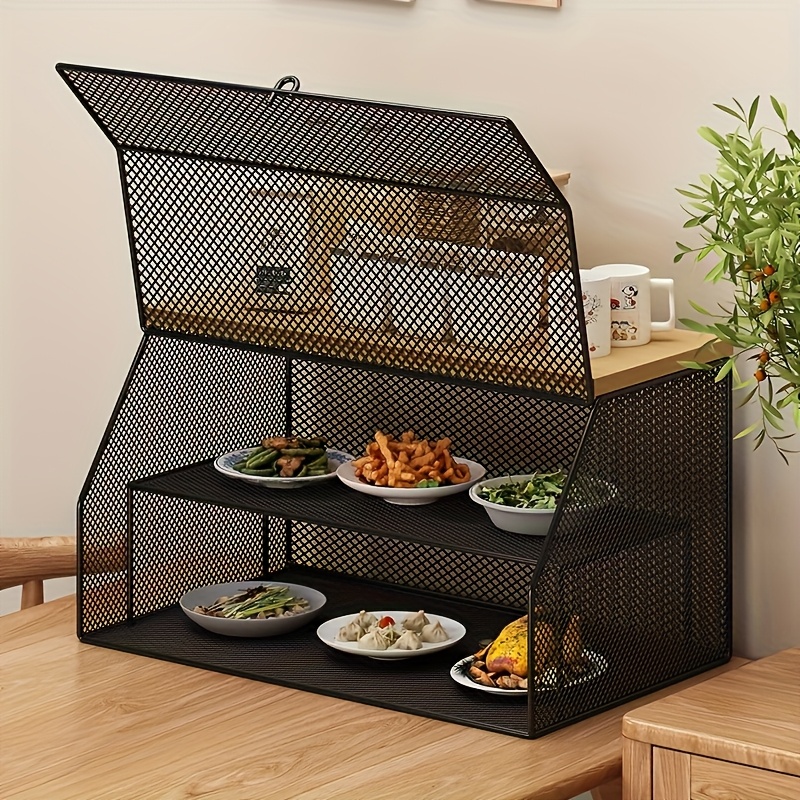3-Tier Black Metal Kitchen Storage Rack with Mesh Cover -   Organizer for  , Plates, Bowls & Utensils - Space-Saving Countertop Organizer for Home & Restaurant Use, Kitchen Organizers And Storage