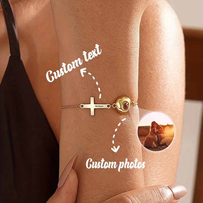 Women's Custom Photo Stainless Steel Engraved Cross Projection Bracelet