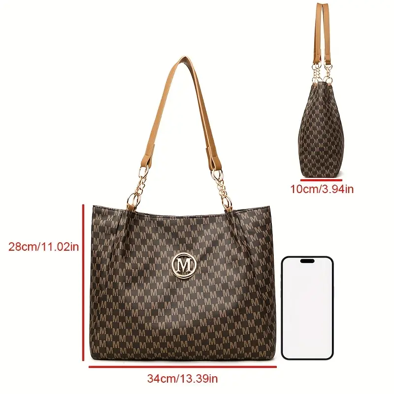 womens vintage tote bag lightweight large capacity convertible shoulder bag clutch synthetic leather with zipper closure hardware decorative m emblem for daily shopping brown white black travel bag details 7
