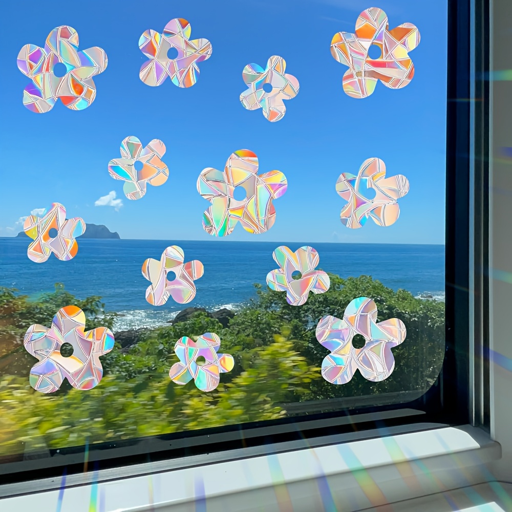 13pcs 1 Sheet Flower Window Stickers To Prevent Bird , Anti-collision Window Clings Set Colorful Sun Catcher Window Decor, Static Cling Non-adhesive Removable Window Decals For Home, Decor